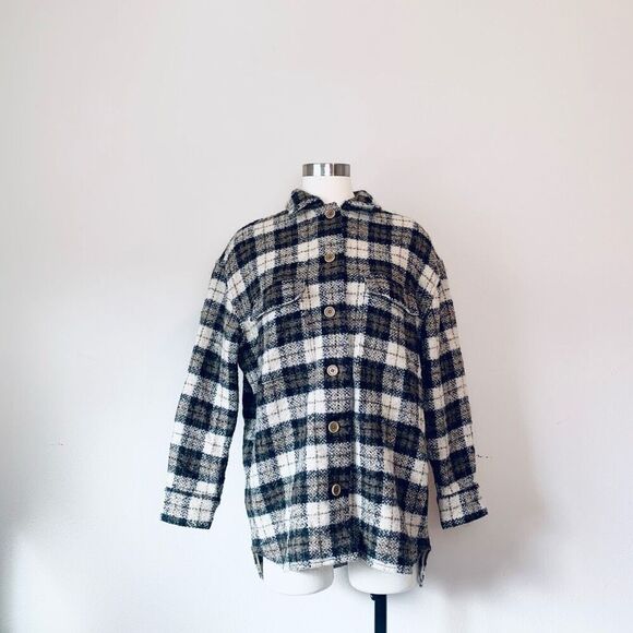 Banana Republic Brown Tan Wool Plaid Jacket Shacket Black Long Small - Picture 2 of 8